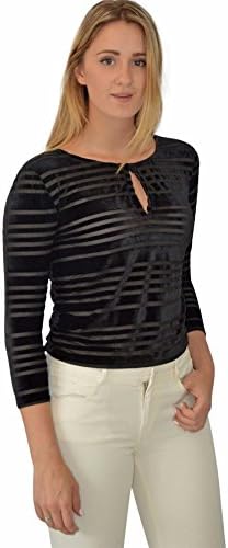 ex Urban Outfitters Ladies Stretch Velvet Stripe Party Top | Boat Neck 3/4 Sleeve Black Medium