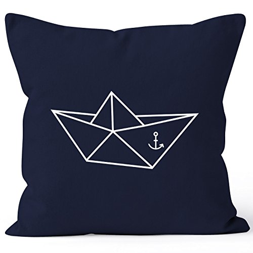 Kissenbezug Origami Schiffchen Schiff Anker Seemann Kissen-Hülle 40x40 Baumwolle Moonworks® navy 40cm x 40cm
