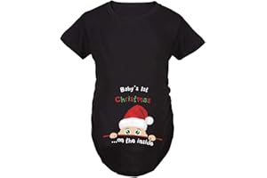 JOYU Baby's 1st Christmas Damen Umstands-Top Merry Christmas Lustiger Aufdruck Seite gerüschte Schwangerschaft T-Shirts