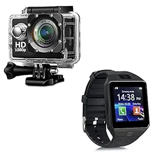 Rhobos Combo Pack of 2 Items - 1080p Sports Waterproof Action Camera, V8 Smart Touch Watch with Camera (1 Year Warranty)