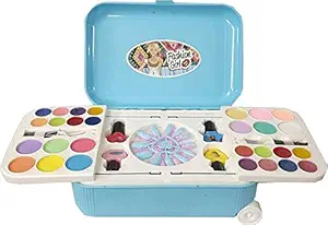 Plutofit Beauty Set Cosmetic and Real Makeup Palette with Mirror and Trolley for Kids (Blue) | All-in-One Cosmetic and Real Makeup Set Palette with Mirror Nail Art Beauty kit