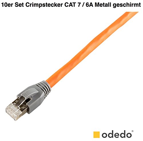 odedo® 10er Pack Crimpstecker grau CAT 7, CAT 7A, CAT 6A für Verlegekabel bis 8mm, 10 GBit Gigabit Ethernet, für starre oder flexible Adern 1.2mm bis 1.45mm, RJ45 Stecker Metall geschirmt mit Einfädelhilfe und Knickschutz, Crimp Stecker Netzwerk Lankabel RJ45 Kat 7, 7A, 6A, nicht für dünne CAT 5 Kabel geeignet. Modular Plug shielded Connector with Insert - 3