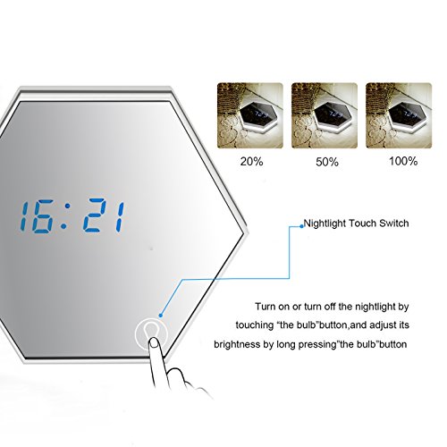 5-in-1 LED Digital Wecker MULTIFUNKTIONS-UHR | Reise-Wecker | Tischuhr | Nachtlicht mit Touch-Dimm-Funktion | Thermometer | Spiegel | Uhrzeit/3 Alarmzeiten/Temperatur-Anzeige | per USB Aufladbar Weiß-Silber - 5