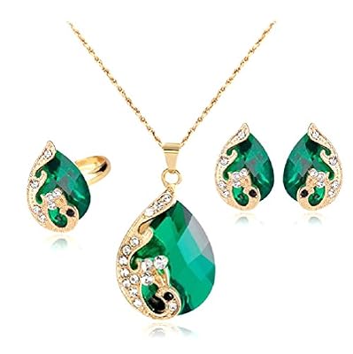 Gespout Collier Vert Bijoux Ensemble Alliage Saint-Valentin Cadeau d'anniversaire Pendentif Collier + Boucles d'oreilles+Bague