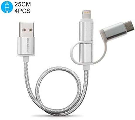 Rukerway USB Cable Lightning Micro Type C 4 Packs 3-in-1 25CM Fast Data Transmission and Charge for iPhone Android Smartphone Samsung Huawei, Charging Station and USB HUB (Silver)