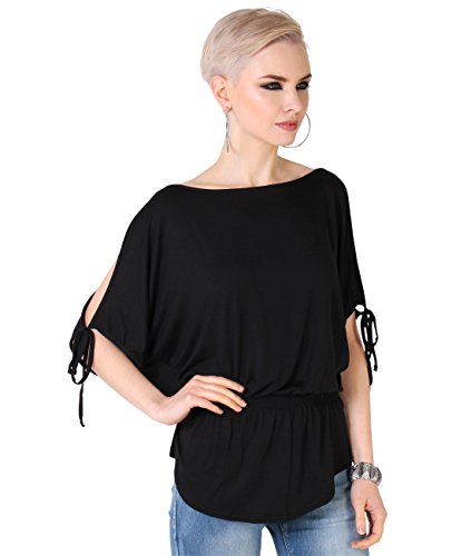 3895-BLK-14: Oversized Batwing Split Off Shoulder Sleeve Baggy Jersey Long Top T Shirt