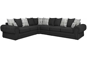 GENERIC 3 C 2 Corner Settee - Large Verona Left or Right Hand 6 Seater Sofa - Comfy Designer Scatter Back Cushions - Modular Dual Arm Corner Suites for Living Room Lounge Indoors Decor (Black, Left Hand)