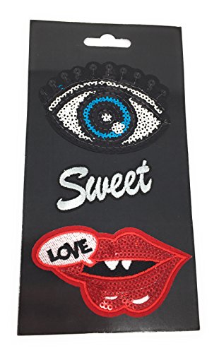 Gestickte Aufbügel-Patches 3er Set Aufnäher Applikation Auge, Kussmund-Lippen, Sweet