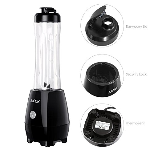 Aicok Mini Mixer Standmixer Smoothie Maker Entsafter Eletronischer Icecrusher mit 600ml Trinkflasche, 4 Edelstahlmesser, 300 Watt, BPA frei, Schwarz - 2