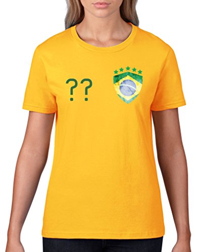 Comedy Shirts – Brasilien Trikot – Wappen: Klein – Wunsch – Damen T-Shirt – Gelb/DunkelgrÃ¼n Gr. L