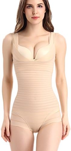 Movingtime Women Zebra Lines Stripe Seamless Shapewear Postpartum Abdomen Slimming Cincher Shaper Corset Briefer Bodysuit (L, Nude)