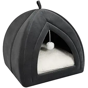 TILLYOU Cat Bed for Indoor Cats, 2-in-1 Cat House for Indoor Cats Clearance, Warm Dog Tent with Removable Cushioned Pillow, Padded Sponge Cave for Small Pets up to 11 lbs, 19x19x19?, Pale Grey &Cream