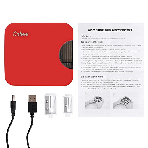 Cobee Bleistiftspitzer elektrischer Anspitzer Spitzmaschine Pencil Sharpener Doppel-Spitzdose für Durchmesser 8 bis 12mm mit 2 Ersatzmesser (rot) - 7