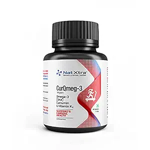 NatXtra CurQmeg-3 Curcumin Omega-3 Vitamin K2 Vegan Health Supplement from Synthite, for Cardio Vascular Health - 500 mg - 60 capsules.