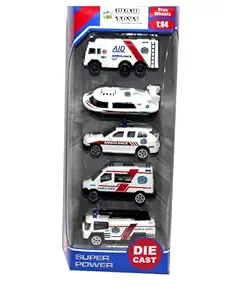 WOW Toys - Delivering Joys of Life|Friction Ambulance Set| Die Cast Metal| White| Pack of 5 Mini Cars| 1:64 Scale Ratio