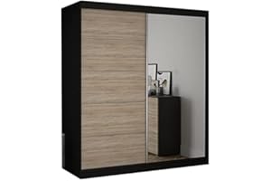 FABRYKA MEBLI IDŹCZAK Schiebetürenschrank, eleganter Kleiderschrank Schrank Garderobe Spiegel Bella 03, Schlafzimmer- Wohnzimmerschrank Schiebetüren Modern Design (Schwarz/Sonoma)