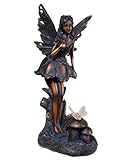 Edle marfil de pie con Solar Rana sobre tronco Figura Jardín Figura 40 cm Hada Fairy