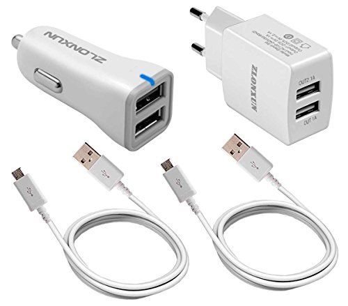 Ladegerät: Dual - USB - mauer - ladegerät 2.4A + KFZ Ladegerät + 2 Micro - USB - Kabel für Samsung Galaxy S7 S7 Edge S6 Edge+ s4 S2, Samsung Galaxy Note 4 edge, Note 5, lg g3 g8, HTC one m8, Mehr(Weiß)