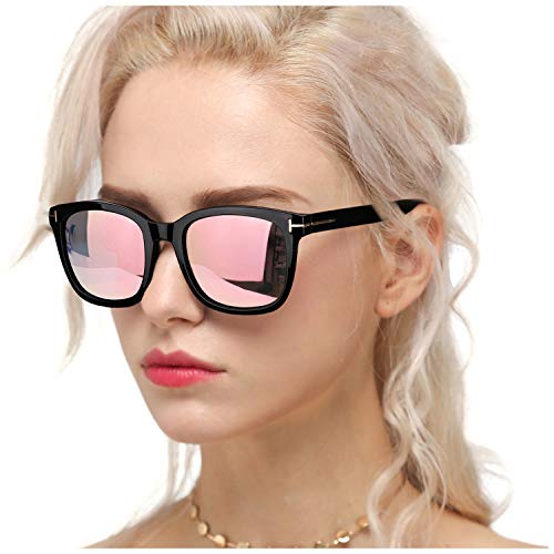Myiaur Gafas de sol de moda para mujer Conducción polarizada Antideslumbrante Protección UV 100% Diseño elegante (Montura negra/Lente de espejo rosa dorado)