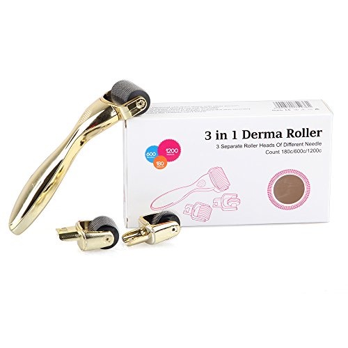 Hommii 3 in 1 Mikro Derma Roller Sterilisierte Titanium Nadeln Kit (0.5mm/180 Nadeln 1.0mm/600 Nadeln 1.5mm/1200 Nadeln) – Best Skin Roller Kit für Anti Ageing, Akne-Narben, Dehnungsstreifen, Falten, Augenbeutel , Körper, Gesicht, Haarausfall, Cellulite, Scalp -Gold Griff mit Schwarz Roller - 4