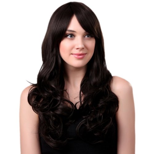 Bigood 68cm long curly Inclined bang Charming Temperament Fluffy Black wigs