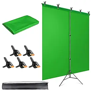 Hemmotop T-Shape Portable Background Backdrop Stand Kit 5x6.5ft with Photography Green Muslin Background Screen and 5 Clip Clamps,for Photo Video Studio
