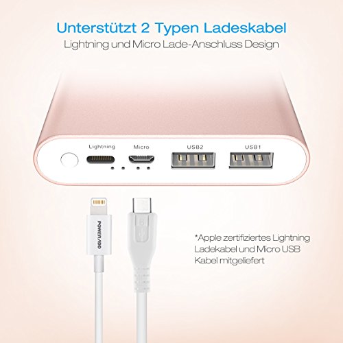 Poweradd 20000mAh Powerbank Externer Akku mit Micro USB und Lightning Eingang, 2 AusgÃ¤nge bietet jeden Anschluss Max. 3,0 Ampere Ladestrom fÃ¼r iPhone und Android Smartphones