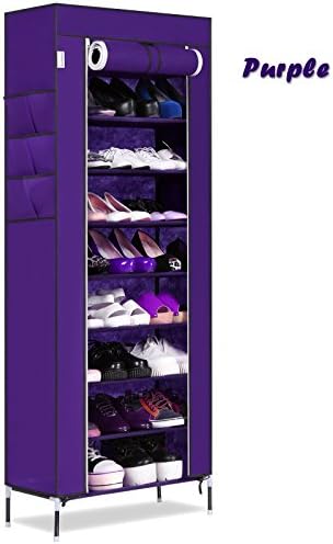 Oliote 10 Tier up to 30 Pairs Shoe Rack Cabinet Standing Storage Organizer Shoe Tower with Fabric Dustproof Cover Door, 60 x 30 x 168 cm (L x W x H) (Purple)
