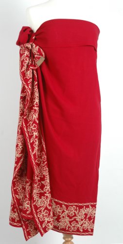 Deep Cherry Sarong With Batik Cream Flower Border