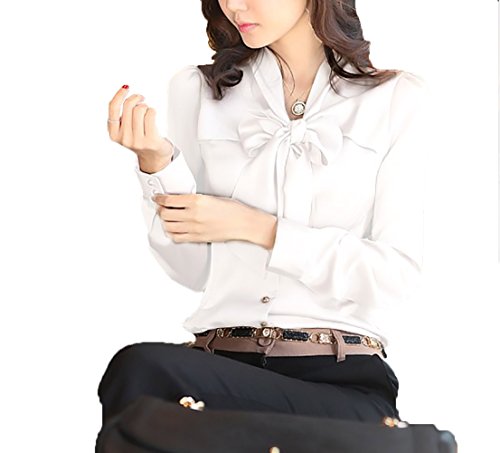 YOUMU - Camicetta con Fiocco in Raso con Scollo a V - Camicia con Bottoni - Camicetta da Lavoro Formale - Top