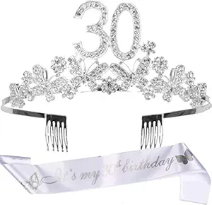 30th Birthday Decorations Party Supplies, 30th Birthday Gifts, Silver 30th Birthday Tiara and Sash, 30th White Satin Sash Its my 30th Birthday, 30th Birthday Party Supplies and Decorations, Happy 30t