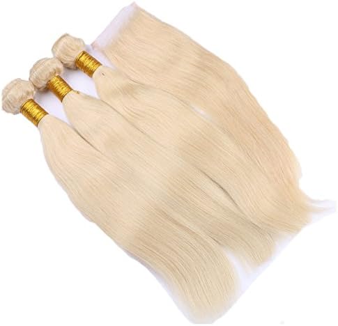 VKHair 3 Bundles Blonde 613# Hair Weft Brazilian Remy Straight Human Hair Weave Extensions 12" with 1pc 10" Lace Closure Free Part