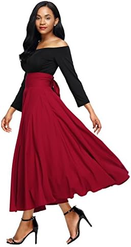 ShelovesclothingWomen's Retro High Waisted Pleated Belted Maxi Skirt (Large 14-16 UK, Red)