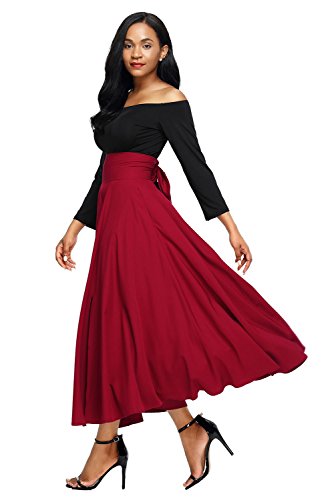 ShelovesclothingWomen's Retro High Waisted Pleated Belted Maxi Skirt (Large 14-16 UK, Red)