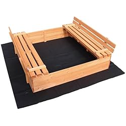 WilTec Bac à Sable Couvercle Repliable 2 Bancs intégrés 980x980x200 mm Bois d'épicéa Sol Non-tissé Jeu
