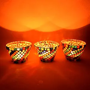 KAANUS Decorative Multi Color Glass Candle Holder for for All Occasion, Centerpieces Moroccan Multicolor Glass, Bedroom Lights Decoration, Parties,Pack of 3 (with Candle) (Design-01)