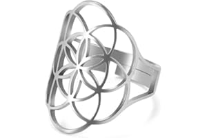 kkjoy Bague Fleur de Vie Ajourée en Acier Inoxydable Anneaux de Doigt Ouverts et Ajustables Bague de Promesse Cadeau pour Femme