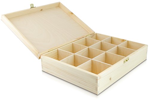 Teebox mit Deckel aus Holz mit 12 Fächern – Kiefer Naturbelassen Unbehandelt – ca. 29 x 22 x 8 cm – Venkon ® - 7