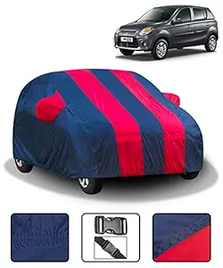 Fabtec Car Body Cover for Maruti Alto 800 with Mirror Pocket (Full Sized, Full Bottom Elastic, Red & Blue Stripe Design)