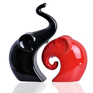 Xtore Home Decor Lucky Charm Elephant Couple | Piano Finish Ceramic Figures- (Set of 2 Piece, Red Black)