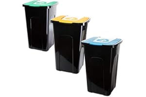 SUSTANIA Lot de 3 poubelles avec couvercle, 50 l, avec couvercles à code couleur, pour un tri efficace des déchets à l'intérieur et à l'extérieur, durable et résistante aux intempéries, 56 x 36 x 36 cm