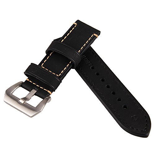 Schwarz 24 mm Vintage Herren Echt Leder Ersatz Uhrenarmband Band Edelstahl Schnalle Schwarz 24 mm Vintage Herren Echt Leder Ersatz Uhrenarmband Band Edelstahl Schnalle