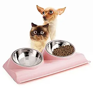 Suhaco Cat Bowls Double Raised Cat Food Water Bowls Set Tilted Cat Feeding Bowl Elevated Stainless Steel Dog Bowls with Stand for Indoor Cats and Small Dogs (Pink)