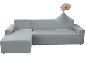 Jaotto Fundas para Sofás Chaise Longue Elásticas,Cubre Fundas de Sofá Cheslong Brazo Largo Derecho Ajustables de Forma L Extraíbles Lavables,Fundas Protectora para Sofa(1 Plaza+2 Plazas,Gris Humo)