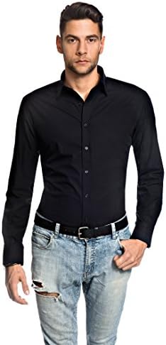 Embraer Men's Shirt Slim-fit Fitted Kent Collar Classic Design Plain Solid Colour 100% Cotton Non-Iron Long-Sleeve Designer Shirts for Men Formal Office Wedding Ideal with tie Black 16.5"