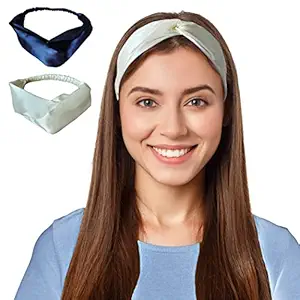 Silvr Bear Luxury Satin Hairband | Pack of 2 | Turban Hairband Korean Style Twisted Cross Knot Head Band for Women | Fabric Elastic hair band for women (Navy + Ivory For Women & Teens)