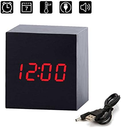 Wood Wooden Cube Digital LED Light Desk Travel Mute Alarm Clock USB/AAA Timer Temperature Snooze Voice Sound Control Calendar (black Wood red light)