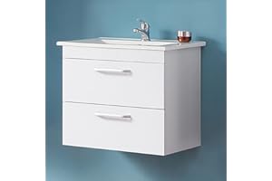 Huibathroom 600mm White Vanity Sink Unit Ceramic Basin Cabinet Wall Hung Bathroom Furniture,2 Drawers