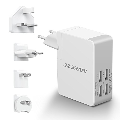 JZBRAIN USB Ladegerät mehrfach mit 4 Ports 5V 5A USB Reise-Ladegerät Universal mit 4 Fach Adpatateur Abnehmbarer US UK EU AU USB Multi-Ladegerät für iPad, iPad mini iPhone Samsung Handy Smartphone Tablet (UL-Zertifiziert)