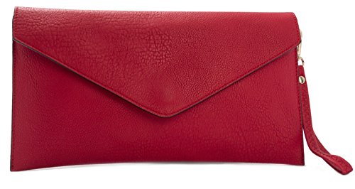 Big Handbag Shop Womens Fauxe Leather Envelope Clutch Bag with Long Shoulder Strap (Red)